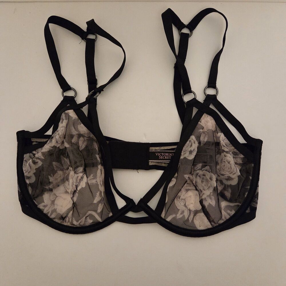 Victorias Secret Very Sexy Caged Strappy Mesh Unlined Plunge Floral Bra 36DD